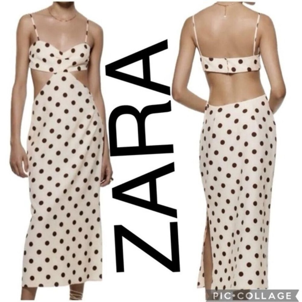 Zara Cream and Brown Polka Dot Cut-Out Dress